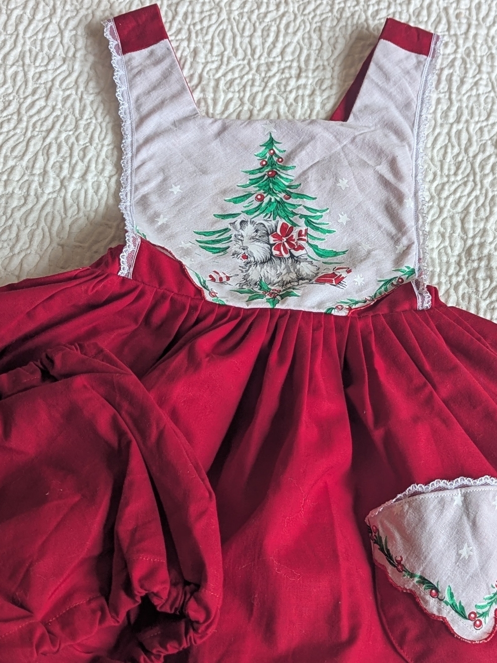 Addison Ray's Red Holiday Pinafore Dress with Christmas Tree & Kitten Embroidery